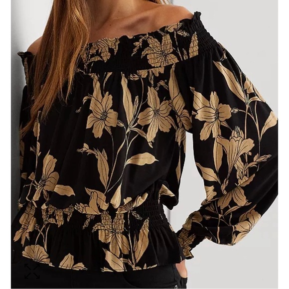 Lauren by Ralph Lauren NWT Black and Beige Off the Shoulder Blouse - Picture 1 of 9